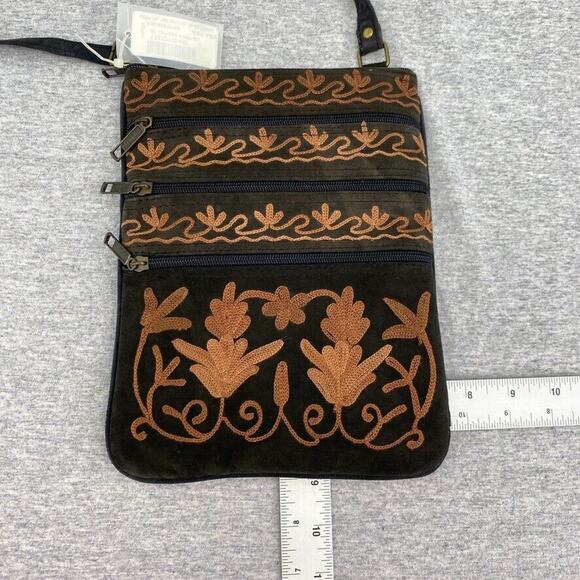 Suriti Purse Brown Suede Embroidered Crossbody Passport Holder Bag Boho Travel - Picture 9 of 12